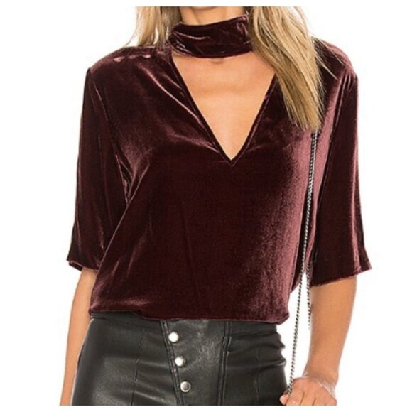 Theory Size S Mock Neck Choker Collar Velvet Top Cutout Blouse Dark Currant Red - Picture 1 of 10